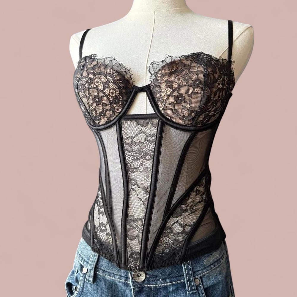 Victoria's Secret bustier corset women's 34C black lace mesh boned